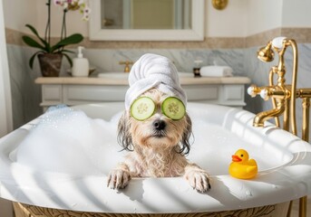 A small dog relaxes in a bubble bath with a cucumber slice over its eyes and a bath towel on its head in a luxurious bathroom. High quality photo