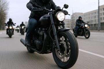 Motorcycle Enthusiasts Riding in Formation: A Group of Bikers on the Road Demonstrating Freedom and Adventure