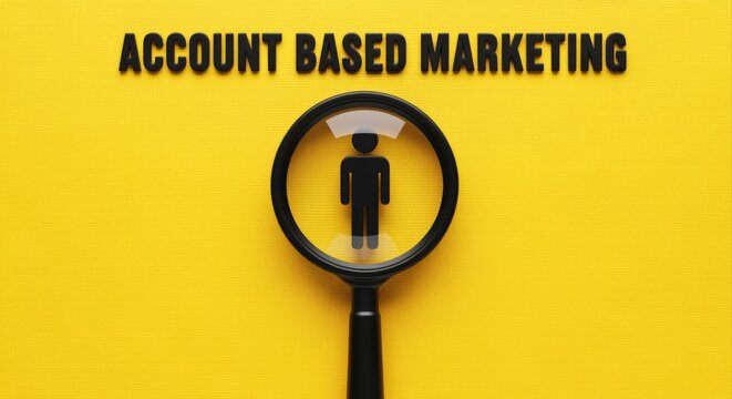 Account Based Marketing Concept: Magnifying Glass Focuses on Targeted Client on Yellow Background