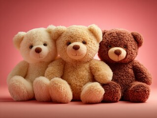 Fototapeta premium Three Adorable Teddy Bears Sitting Together Against a Pink Background, Perfect for Childhood and Affection Concepts