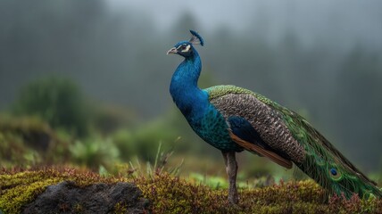 Elegant Peacock Perched in a Lush, Misty Landscape Displaying its Brilliant Plumage and Graceful Posture