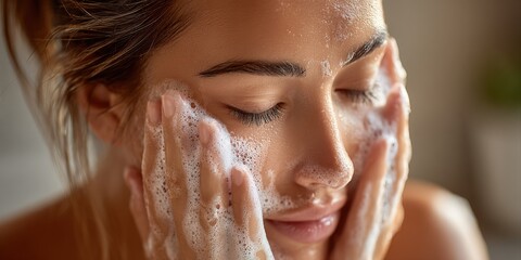 Fototapeta premium Woman Cleansing Face with Gentle Foaming Cleanser for Healthy Skin and Radiant Complexion