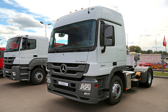 White Mercedes-Benz Actros at yearly automotive-show