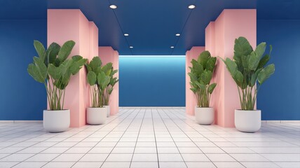 Naklejka premium Modern Interior with Tropical Plants: Contemporary Architectural Space with Pink Columns and Blue Walls