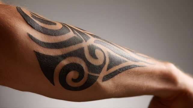 Arm Tattoo Featuring Swirling, Tribal Design In Black Ink On Light Skin With Grey Background