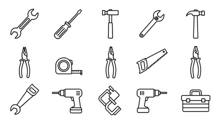 Obraz premium Hand Tools and Power Tools Line Icons Set. DIY, Construction, Repair, and Maintenance Outline Vectors including Wrench, Hammer, Screwdriver, Drill, and Toolbox.