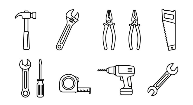 Construction and DIY Hand Tools Outline Icon Set. Repair Service, Maintenance Equipment Symbols (Hammer, Drill, Wrench, Pliers, Screwdriver)