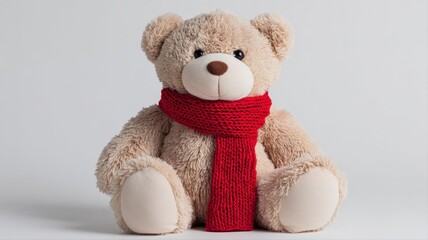 Obraz premium Adorable Teddy Bear Wearing a Red Scarf, Isolated on White Background, Studio Shot