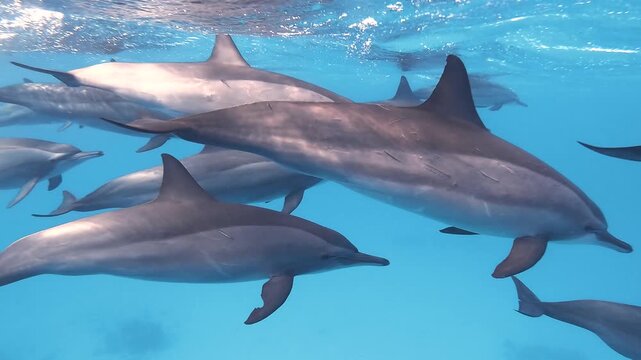 Slow motion video of a pod of spinner dolphins swimming in crystal clear blue water in the Red Sea, Egypt, showing natural marine behavior in open ocean.