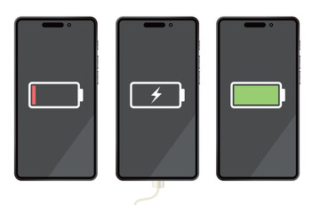 スマートフォンの充電の状態を表すイラストセット｜充電切れ・充電中・充電完了