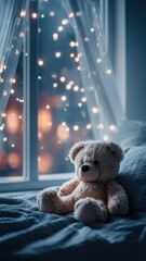 Naklejka premium Cozy Teddy Bear Sitting on Bed Near Window with Bokeh Lights Background Nighttime Ambiance