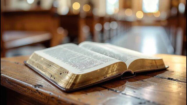Open Bible on a Wooden Table in a Church.