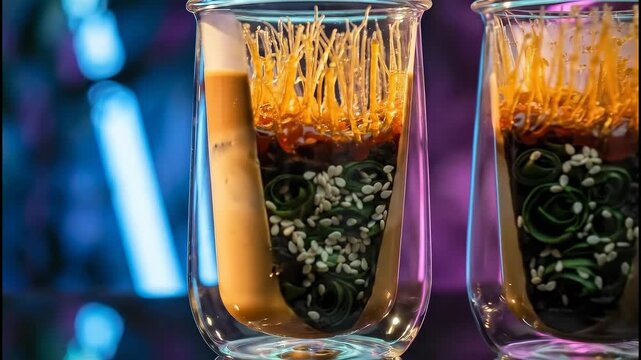 Two layered drinks in clear glasses with colorful background.