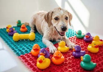 A colorful, non-slip rubber mat with toy ducks and a floating rubber bone in a bathtub where a dog is playing. . High quality photo