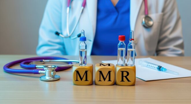 MMR Vaccine Concept: Doctor with Ampoules and Stethoscope Promoting Measles, Mumps, Rubella Immunization