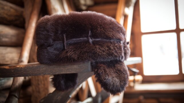bearskin. Deep brown bearskin ushanka hat resting on a dark wooden coat rack. wildlife magazines, conservation campaigns, designed for wildlife conservation campaigns and eco-tourism storytelling.
