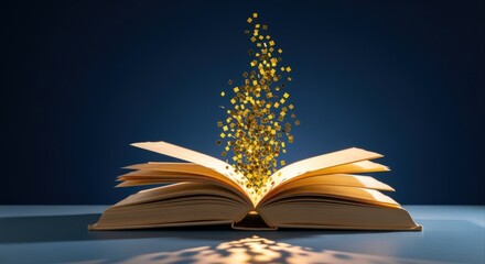 Naklejka premium Open book emitting golden particles against a dark blue background, representing knowledge, magic, imagination, or learning