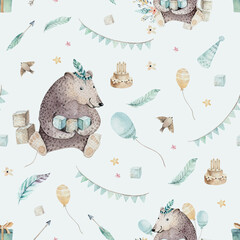 Cute bohemian baby bear animals. Birthday party seamless pattern. Scrapbooking kids paper woodland nursery decoration. forest illustration for children forest animal pattern.