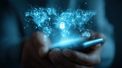 Digital worldwide connection security manifests above a held mobile communication device.