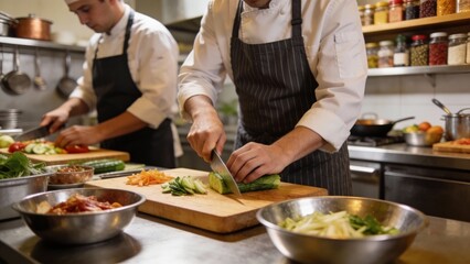 Obraz na płótnie Canvas Professional chefs prepping vegetables in commercial kitchen, focused teamwork for restaurant service, culinary training and food safety workflow, busy dinner rush mood