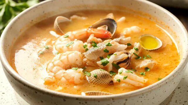 Delicious Seafood Soup with Shrimp and Clams in a Rustic Bowl.