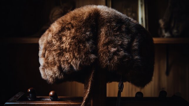 bearskin. Deep brown bearskin ushanka hat resting on a dark wooden coat rack. wildlife magazines, conservation campaigns, designed for wildlife conservation campaigns and eco-tourism storytelling.
