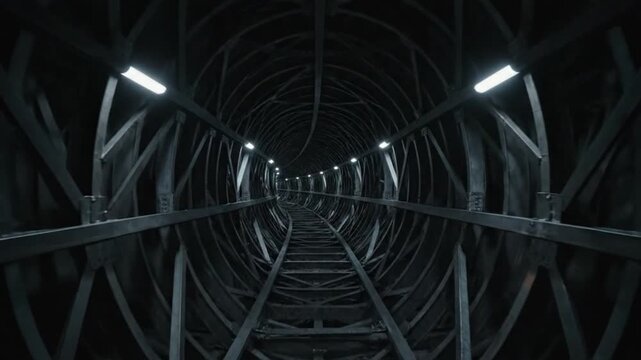 Dark Industrial Tunnel with Metal Structure.
