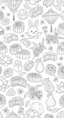 Colorful Mooncake Festival Illustrations Featuring Bunny and Floral Elements, Playful Design, Minimalist Style