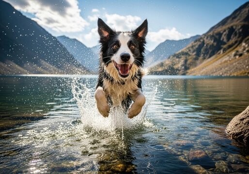appenzeller mountain dog jumping into water, sennenhund. High quality photo
