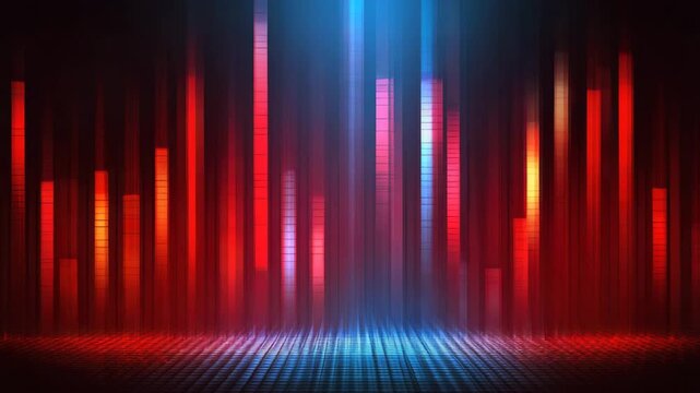 Vibrant red and blue digital equalizer bars dark stage creating energetic light and motion vibrant red bar blue light digital equalizer glowing vertical columns illuminated grid abstract music