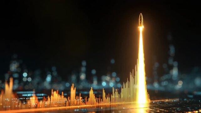 Rocket silhouette launching with golden exhaust and glowing orange streak over illuminated city skyline, soundwave visualization and data bars, futuristic bokeh night launch conveying energetic