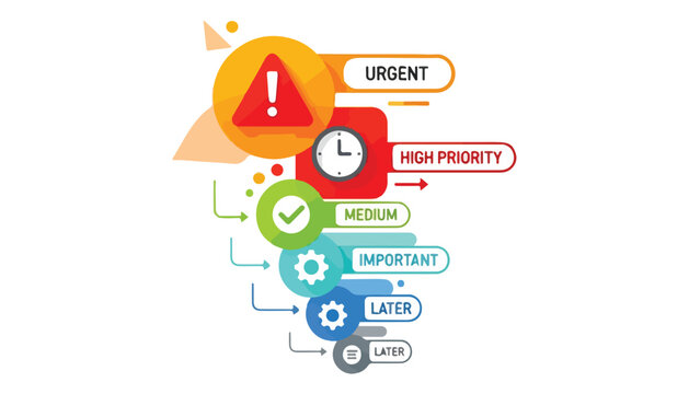 A visual infographic illustrating task prioritization and time management, showing levels from urgent and high priority to medium, important, and later tasks.