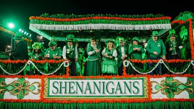 Vibrant st patrick's day parade float with shamrocks and cheerful performers