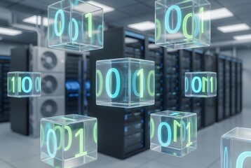 Quantum computing concept visualization with glowing qubits in superposition, showing overlapping '0' and '1' digits in a futuristic data center environment.