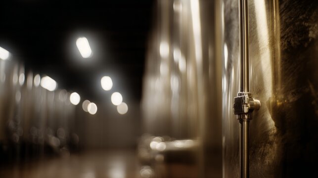 nepotism. A gleaming stainless steel fermenter with pipes in a dim cellar. bar promotions, beverage menus, packaging labels, designed for product packaging and bar promotions, used by photographers.
