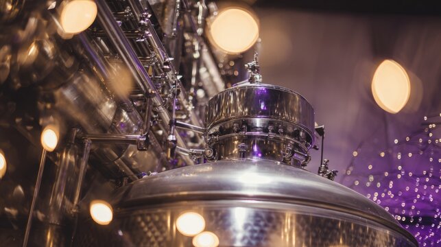 nepotism. A gleaming stainless steel fermenter with pipes in a dim cellar. bar promotions, beverage menus, packaging labels, designed for product packaging and bar promotions, used by photographers.
