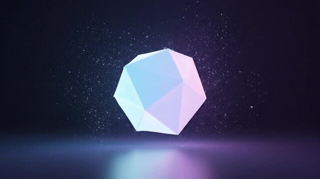 A glowing polygonal object with a faceted surface against a dark background with stars and a