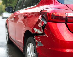 Fototapeta premium Close-up of a damaged red car's rear, showing significant collision damage and paint scratches