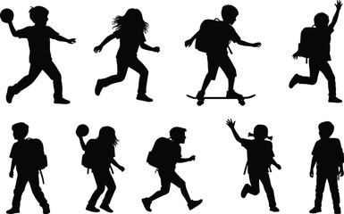 Fototapeta premium School children active lifestyle silhouette set, kids running, jumping, skateboarding and playing ball in black vector illustration for education, fitness, youth, activity concepts