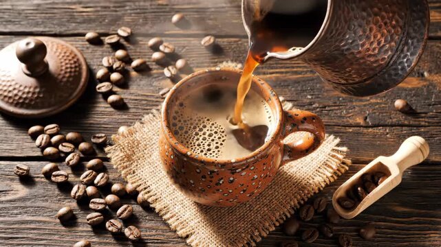 Pouring Hot Coffee into a Cup with Beans on Wooden Table.