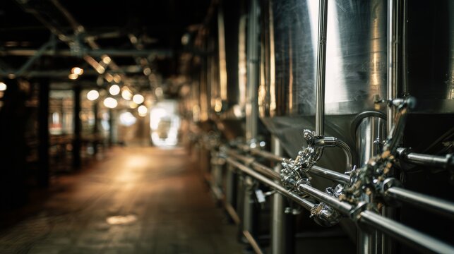 nepotism. A gleaming stainless steel fermenter with pipes in a dim cellar. bar promotions, beverage menus, packaging labels, designed for product packaging and bar promotions, used by photographers.
