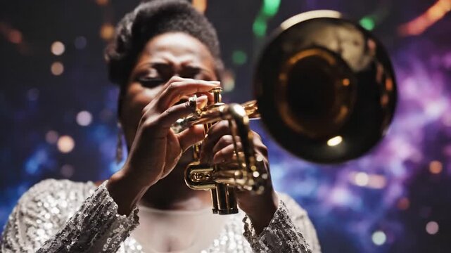 Woman plays trumpet in studio space.