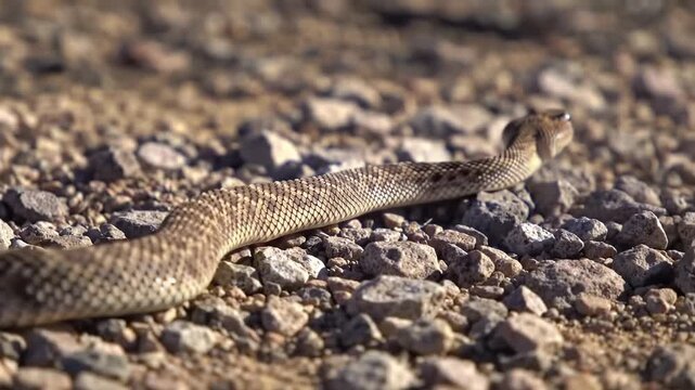 Detailed close-up of a wild Diamondback Rattlesnake crawling on a rocky ground.