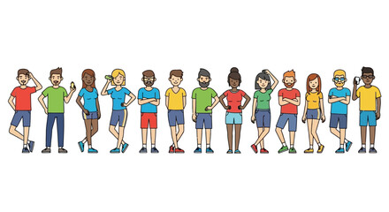 Fototapeta premium Cute cartoon fruits holding hands, including apple, banana, kiwi, grapes, strawberry, lime, watermelon, and pineapple, on a white background.