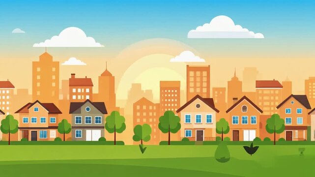 City illustration with residential houses green park and urban skyline at sunset