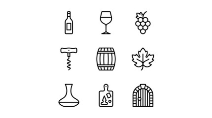Minimalist Wine Icon Set: Wine Bottle, Glass, Grapes, Corkscrew, Barrel, Leaf, Decanter, Cheese Board, and Cellar Door. Elegant Black and White Line Art Vector Illustrations for Branding and Web.