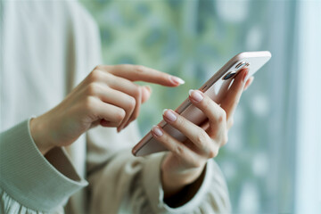 スマホを操作する女性の手元　Woman's hand operating a cell phone　Generative AI