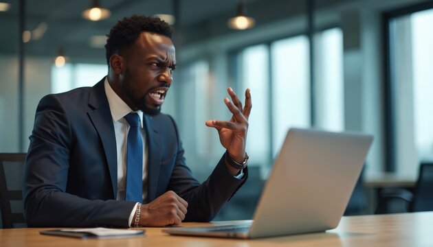 Black man in suit shouts angrily at laptop screen in modern office. He gestures wildly with hands showing frustration and stress. Difficult work or bad news causes conflict.