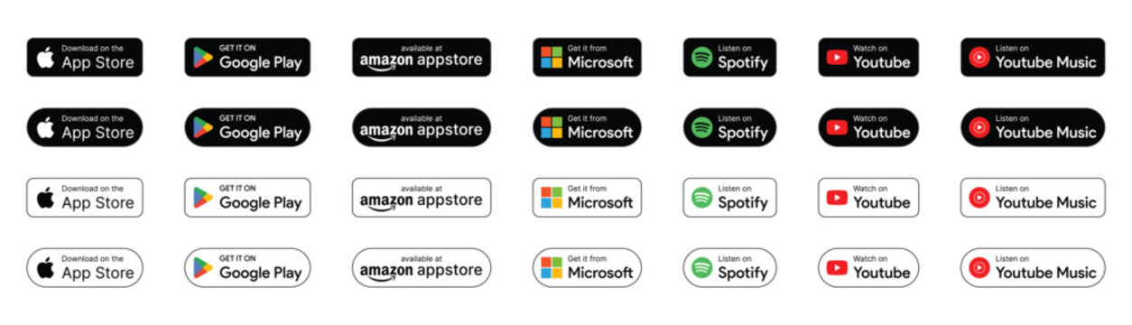 app store google play amazon microsoft spotify youtube music download button icon set