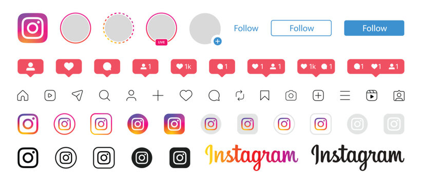 instagram social media app interface icons set notifications stories follow button ui pack